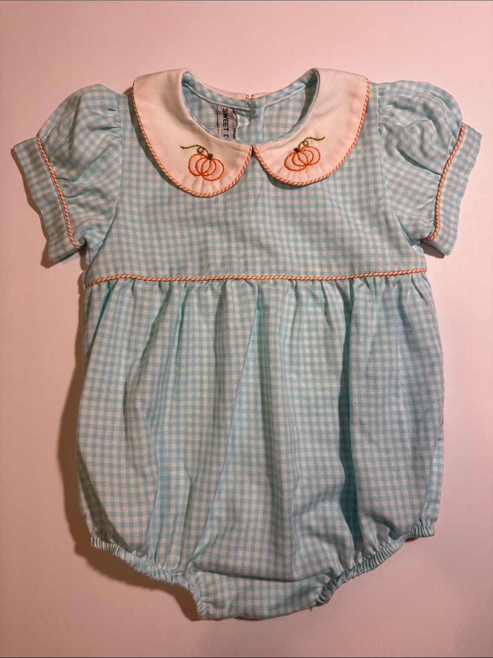 Sweet Dreams Light Blue Gingham Pumpkin Embroidery on Collar - 9 months